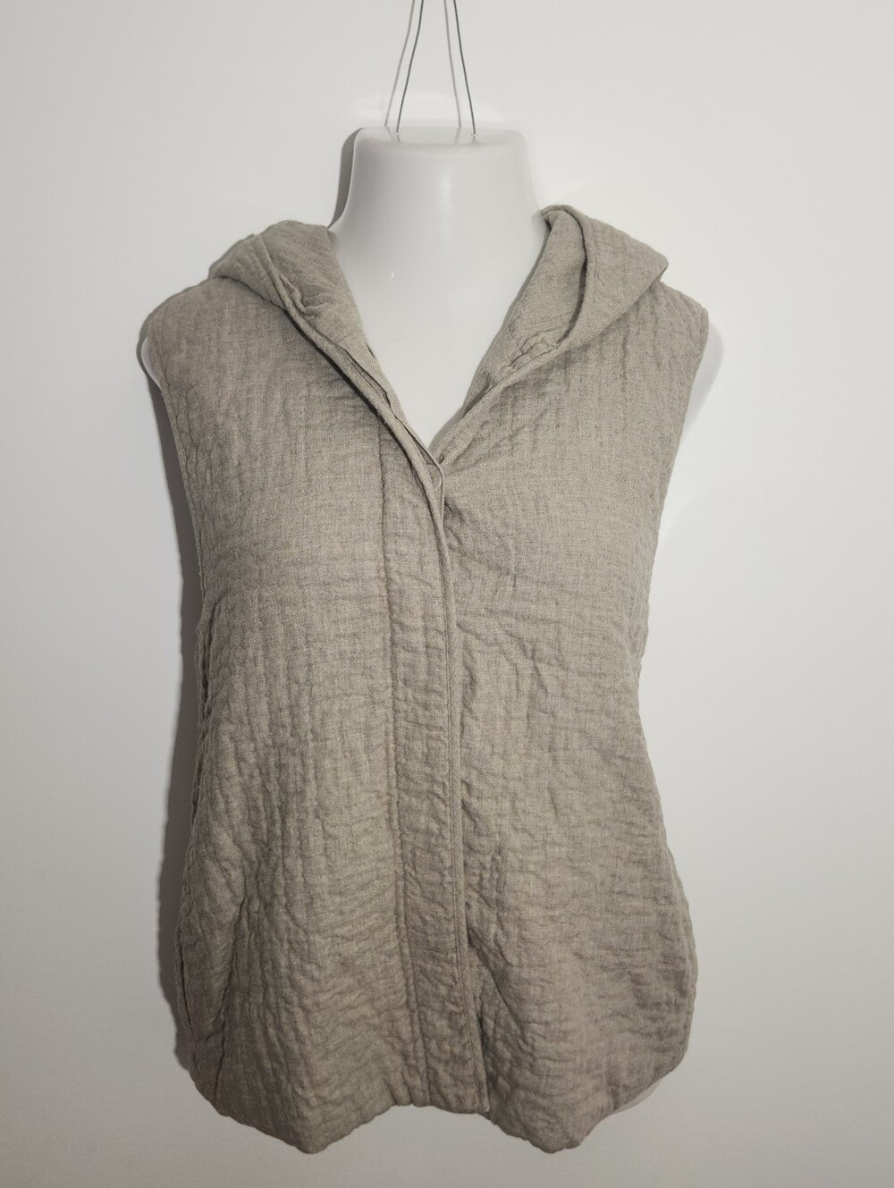 Eileen Fisher Oatmeal Cotton Quilted Hooded Vest L